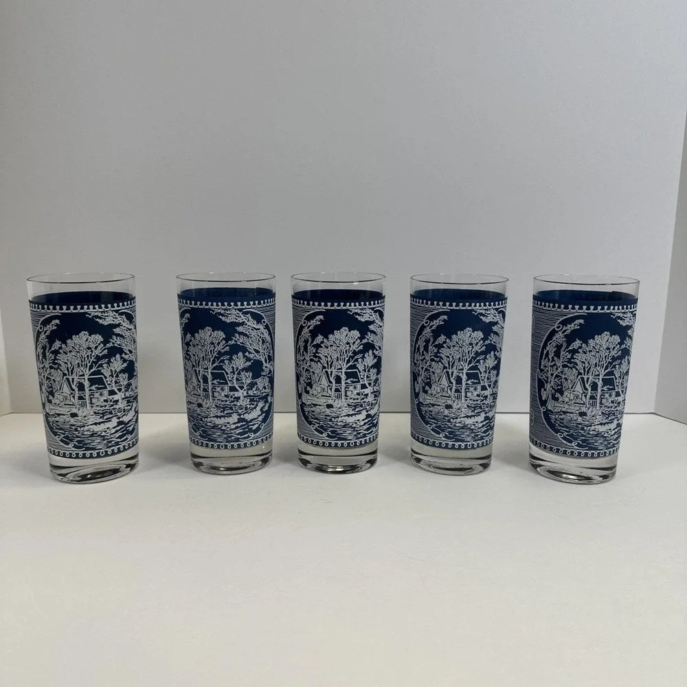 Set of 5 Vintage Currier and Ives Old Grist Mill Blue and White Glass Tumblers